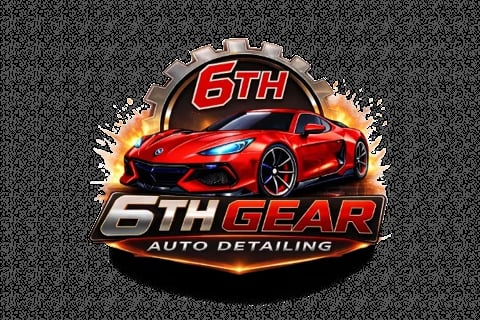 6th Gear Auto Detailing logo featuring a red sports car with flame graphics and metallic badge design